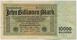 Deutschland nach 1918 
 Geldscheine der Inflation 1919-1924 
 10 Billionen Mark 1923, 1. November. Papier rechts grünlich eingefärbt. Wasserzeichen ...