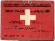 Deutschland nach 1918 
 Varia 
 Lot 1920. Basel, Badischer Bahnhof, Zutrittskarten. Durchgangstransport Deutscher Kriegsgefangener. Rote Kontrollkar...