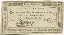 Frankreich Königreich 
 Assignats 
 Armée catholique et Royale. 
 50 Livres o. J. / ND (1793, November). Bon de Stofflet. Série B 6999. Pick A98. I...