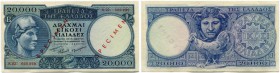 Griechenland 
 Bank von Griechenland 
 20000 Drachmen 1949, 29. Dezember. Specimen. 2 x roter Überdruck auf Vorderseite/2 x red overprint on avers S...