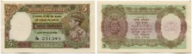 Indien 
 Britische Administration 
 Reserve Bank of India. 
 5 Rupees o. J. / ND (1943). Signatur Deshmukh. Pick 18b. Übliche Klammerlöcher, kl. Fl...