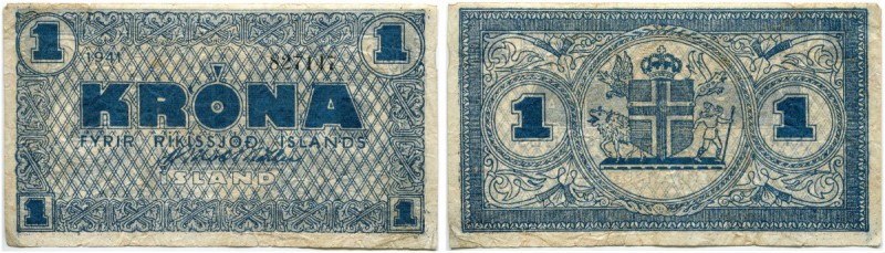 Island 
 Lot 1941 und später. 1 Krona 1941. 5 Kronur vom 15. April 1928. 5 Kron...
