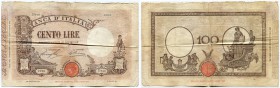 Italien 
 Königreich 
 Biglietti di Stato. 
 100 Lire 1929, 7. Mai. Gavello 219; Pick 48b. Löcher in den Falten, kl. Risschen / holes in the folds,...