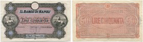 Italien 
 Königreich 
 Banco di Napoli. 
 50 Lire 1867, 1. Juni. Formular ohne Nummer und Unterschriften/trial printing without serial# and without...