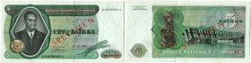 Kongo, Demokratische Republik 
 Banque Nationale du Congo. 
 5 Zaïres 1971, 24. November. Specimen . Beidseitiger roter Aufdruck/red print on both s...