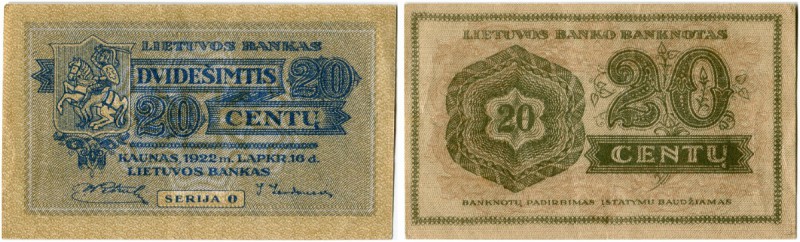 Litauen 
 Republik 
 Lietuvos Bankas. 
 20 Centu 1922, 16. November. Pick 11a...