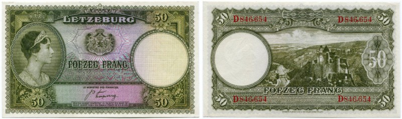 Luxemburg 
 Grossherzogtum 
 50 Francs o. J. / ND (1944). Pick 46a. Selten in ...
