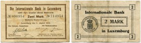 Luxemburg 
 Grossherzogtum 
 Internationale Bank in Luxemburg. 
 2 Mark (Notgeld) 1914, 5. August. Pick 7. III / very fine.