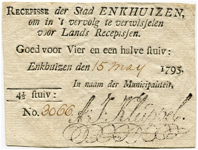 Niederlande 
 Provinziale Banknoten 18. Jahrhundert 
 Enkhuizen. 
 4 1/2 Stui...