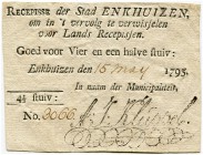 Niederlande 
 Provinziale Banknoten 18. Jahrhundert 
 Enkhuizen. 
 4 1/2 Stuiver 1795, 15. Mai. Pick B40. -II / nearly extremely fine.