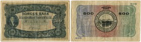 Norwegen 
 Königreich 
 Norges Bank. 
 500 Kroner 1932. Signatur S. Cederholm. Pick 11b. Selten / rare. Riss / tear. V+ / better than very good.