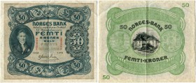 Norwegen 
 Königreich 
 Norges Bank. 
 50 Kroner 1940. Pick 9d. III+ / better than very fine.
