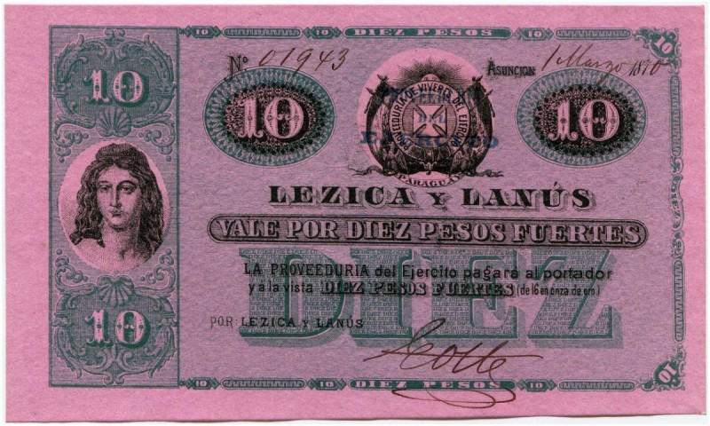 Paraguay 
 Tripel Aliance Krieg (1864-1870) 
 Lezica y Lanus. 
 10 Pesos 1870...