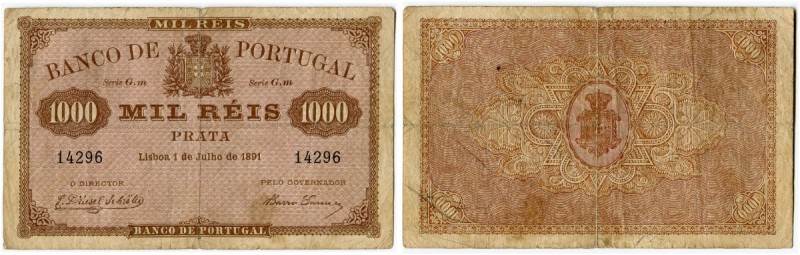 Portugal 
 Banco de Portugal 
 1000 Reis 1891, 1. Juli. Pick 66. Sehr selten /...