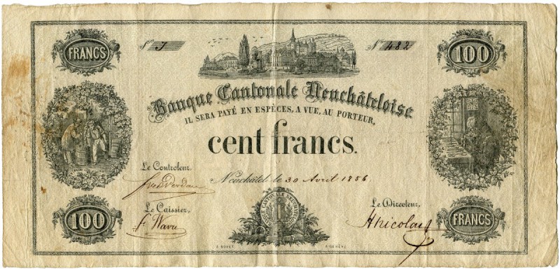 Schweiz 
 Zeitperiode 1825-1881 
 Banque Cantonale Neuchâteloise. 
 100 Frank...