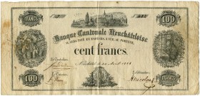Schweiz 
 Zeitperiode 1825-1881 
 Banque Cantonale Neuchâteloise. 
 100 Franken 1856, 30. April. Richter/Kunzmann KA147a; Pick S404. Von grösster S...