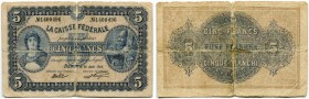 Schweiz 
 Eidgenössische Staatskasse 
 5 Franken 1914, 10. August. Französischer Text . Richter/Kunzmann KS8a. Pick 15. V / very good.