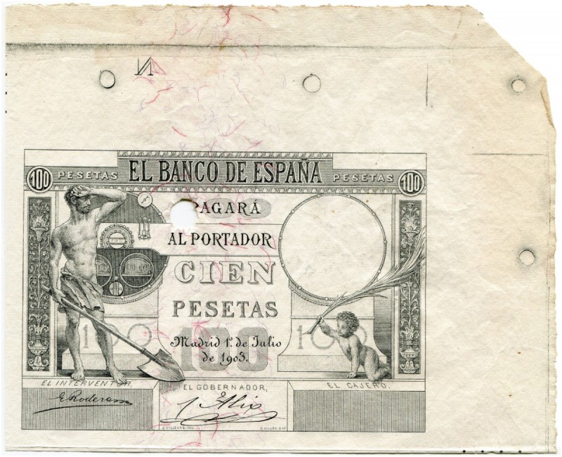 Spanien 
 Königreich 
 100 Pesetas 1903, 1. Juli. Probedruck durch/ trial prin...