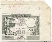 Spanien 
 Königreich 
 100 Pesetas 1903, 1. Juli. Probedruck durch/ trial printing by Fa. José Villegas. Druckplatte geschnitten/ platte cutter Bart...