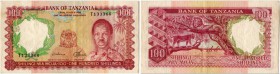 Tansania 
 Republik 
 Bank of Tanzania. 
 100 Shillings o. J. / ND (1966). Linzmayer BOT B5 (Sign. Nr. 3); Pick 5. III+ / better than very fine.