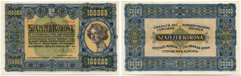 Ungarn 
 Staatsnoten des Ministeriums für Finanzen 
 100000 Korona 1923, 1. Ma...