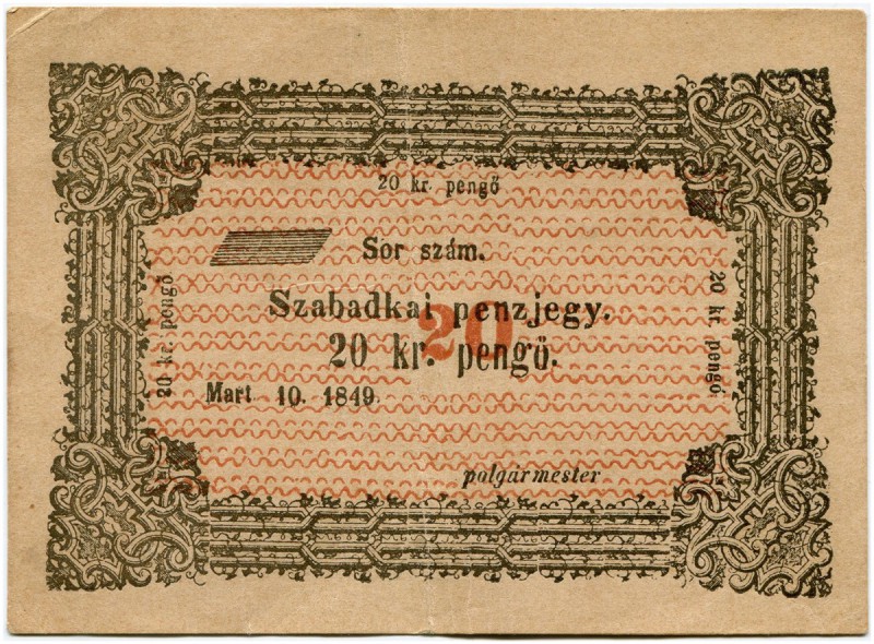 Ungarn 
 Notgeld 
 Lot. Subotica (Vojvodina). 20 kr. pengö 1849, 10. März & Ro...