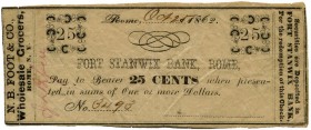 United States of America / USA 
 New York 
 Fort Stanwix Bank, Rome. 
 25 Cents 1862, 25. Oktober. N.B. Foot & Co., Wholesale Grocers, Rome. 25 Cen...