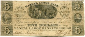 United States of America / USA 
 Pennsylvania 
 North Western Bank. 
 5 Dollars 1836, 2. Februar. Manual Labor Bank (ing House). Signatur W. Dyott....