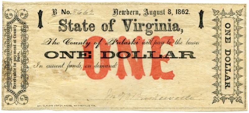 United States of America / USA 
 Virginia 
 1 Dollar 1862, 8. August. Ausgabe ...