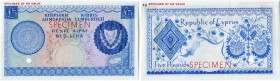 Zypern 
 Republik 
 5 Pounds o. J. / ND (1961). Specimen zur Banknote 5 Pounds vom 1. Dezember 1961. Unterschiedliche Farbe blau anstelle von grün/d...