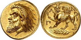 Cimmerian Bosporos. 
An extraordinary Pantikapaion gold Stater coming from the Michailovitch collection. 
Pantikapaion. Gold Stater, circa 360-350 B...