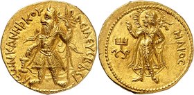 India - Kushan Empire. 
Kanishka I, circa 127-152 AD. Gold Dinar, uncertain mint in Bactria. BACIΛЄYC BACI ΛЄωN KANHÞKOY Diademed figure of Kanishka ...