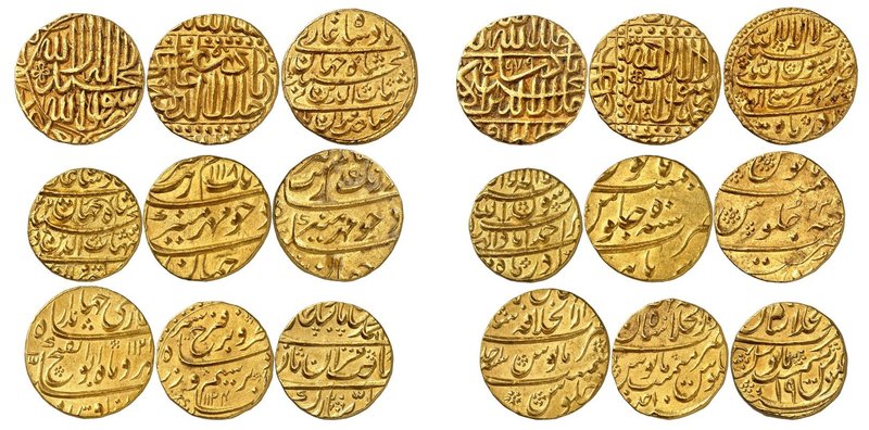 A collection of 9 gold Mohurs from different rulers. 
Jalal al-din Muhammad Akb...