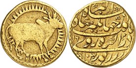 Taurus - the Bull AH 1030/16 (April - May 1621 CE). 
Nur al-Din Muhammad Jahangir, AH 1014-1037 (1605-1627 CE). AV Mohur Zodiac constellation of Tora...