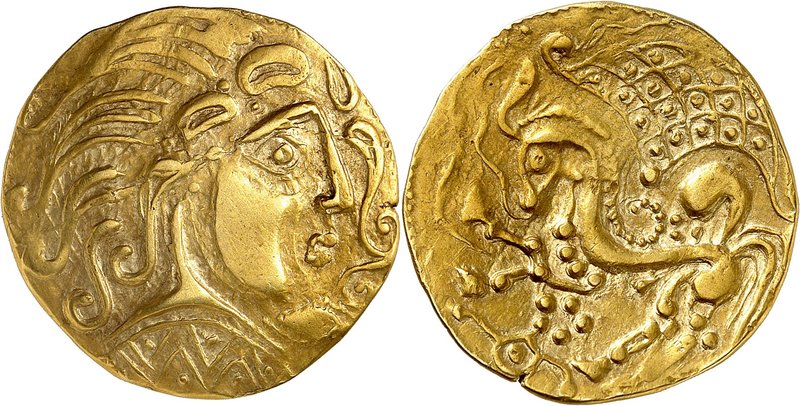 Parisii (région de Paris)
Statère d'or de classe V, 1er siècle av. J.-C. Tête s...