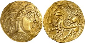 Parisii (région de Paris)
Statère d'or de classe V, 1er siècle av. J.-C. Tête stylisée d'Apollon à droite, les cheveux disposés en grosses mèches et ...