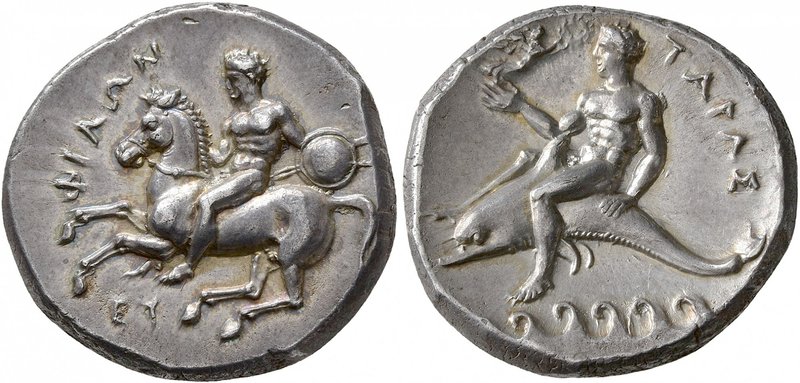 Calabre
Tarente. Nomos d'argent, 490-480 av. J.-C. ΦIΛΩN Ephèbe nu sur un cheva...