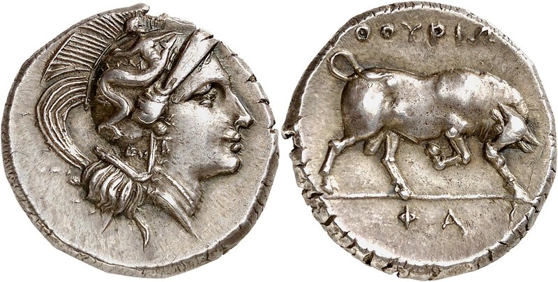 Lucanie
Thurium. Nomos d'argent, après 280 av. J.-C. Tête d'Athéna à droite, po...