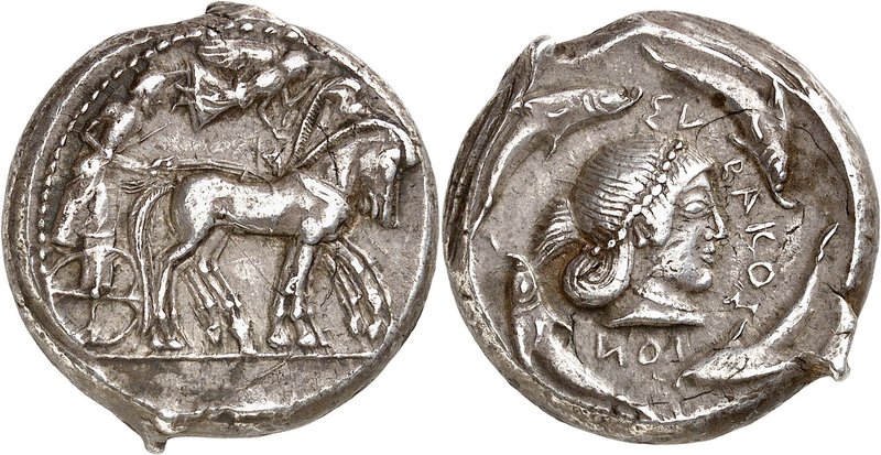 Sicile
Syracuse. Tétradrachme d'argent, vers 485-478 av. J.-C. Bige au pas à dr...