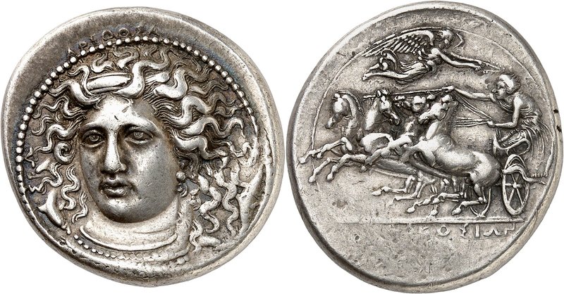 Sicile
Syracuse. Tétradrachme d'argent signé par Kimon, vers 406-400 av. J.-C. ...