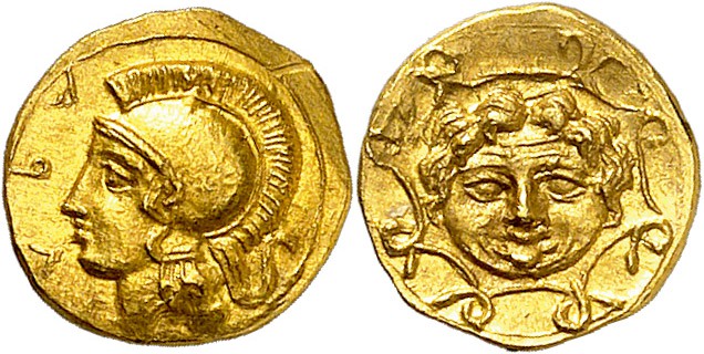 Sicile
Syracuse. Didrachme d'or, vers 405-400 av. J.-C. ΣVbA Tête d'Athéna à ga...