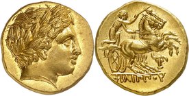 Royaume de Macédoine
Philippe II, 359-336 av. J.-C. Statère d'or vers 323-315 av. J.-C., Pella. Tête laurée d'Apollon à droite / ΦIΛIΠΠOY Quadrige au...