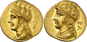 Chypre
Salamine. Pnytagoras, 351-332 av. J.-C. Statère d'or, de standard perse. ΠN Tête d'Aphrodite à gauche, coiffée d'une couronne tourelée, les ch...