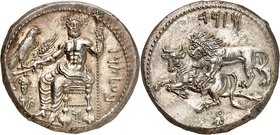 Cilicie
Tarsos. Satrape Mazaios, 361-334 av. J.-C. Statère d'argent, Tarse. B’LTRZ TN M (en araméen) Baal de Tarse assis à gauche tenant un cep de vi...