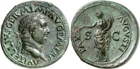 Vitellius 69. Sesterce 69, Rome. A VITELLIVS GERM IMP AVG P M TR P Buste lauré de Vitellius à droite / PAX AVGVSTI La Paix debout à gauche tenant une ...