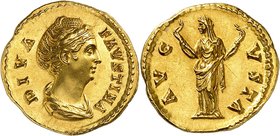 Faustine I, épouse d'Antonin le Pieux, 138-141. Aureus 141-161, Rome. DIVA FAVSTINA Buste drapé de Faustine à droite, les cheveux décorés de perles / ...