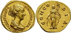 Faustine la Jeune, épouse de Marc-Aurèle, 147-175. Aureus frappé sous Antonin le Pieux 150-152, Rome. FAVSTINA AVG ANTO NINI AVG PII FIL Buste drapé d...
