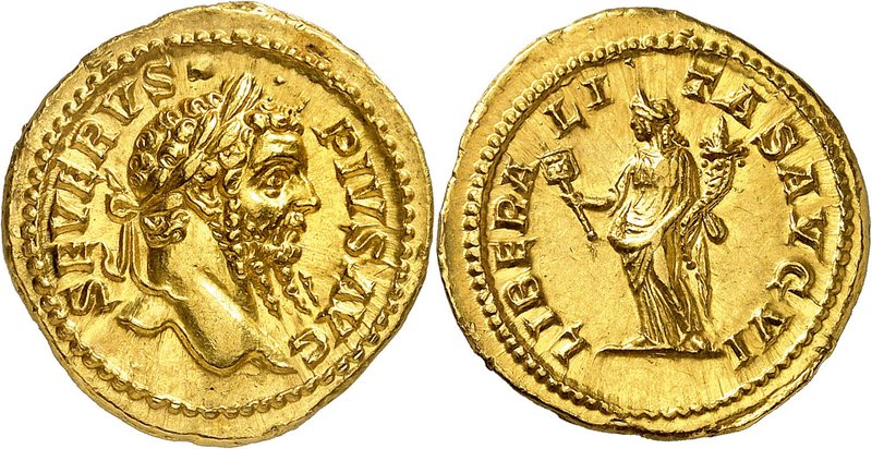 Septime Sévère, 193-211. Aureus 202-210, Rome. SEVERVS PIVS AVG Buste lauré de S...