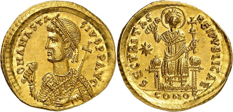 Anastase I, 491-518. Solidus d'accession au consulat 507, Constantinople. D N AN...