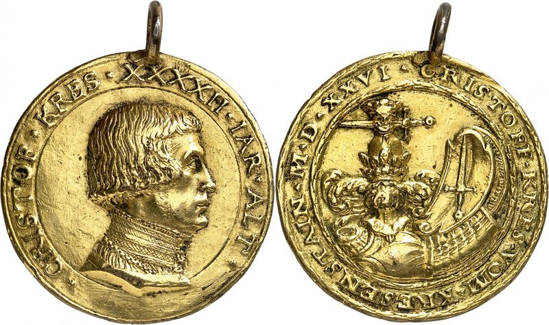 Christoph Kres. Médaille en argent doré 1526. CRISTOF KRES XXXXII IAR ALT Tête à...